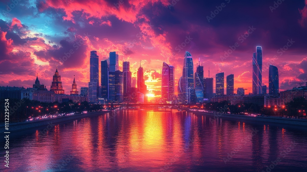 Fototapeta premium Vibrant sunset over a modern city skyline reflected in calm water.