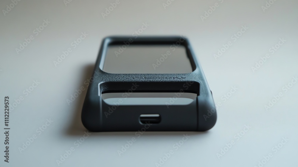 A black phone case on a white surface. A black phone case on a white surface.