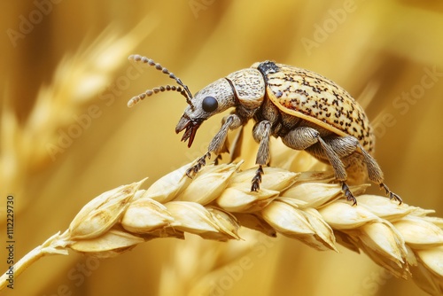 Close up of a weevil navigating a wheat stalk in a sunlit field, showcasing the insect's intricate details and the warm tones of harvest photo