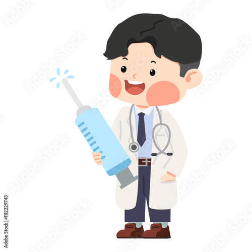Doctor man holding medical injection syringe