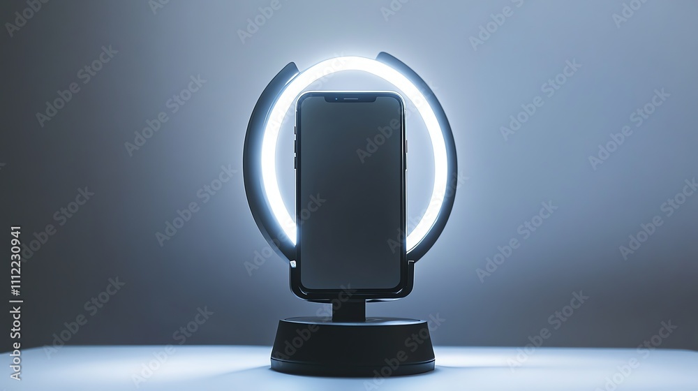 A black smartphone is in a ring light and stand on a table.