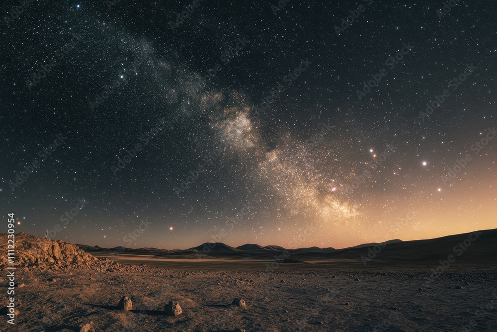 Beautiful Night Sky over Remote Desert Landscape with Stars and Milky Way Galaxy Beautiful Night Sky over Remote Desert Landscape with Stars and Milky Way Galaxy