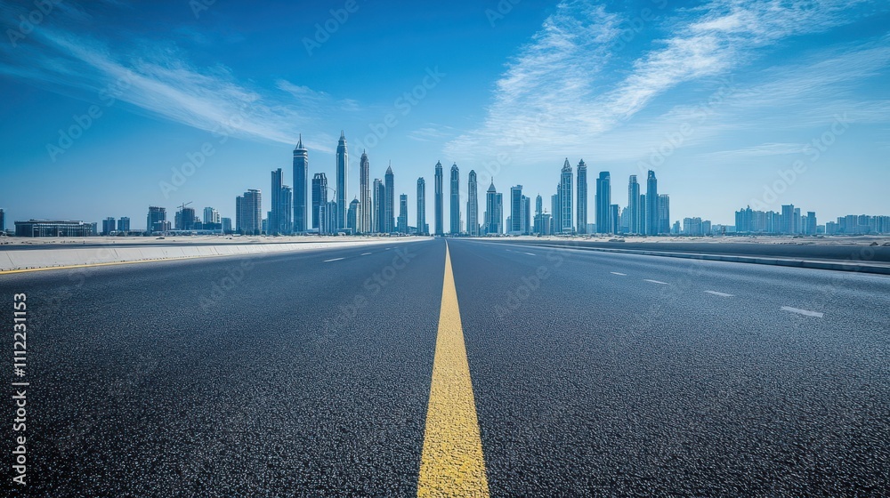Empty highway leading towards modern city skyline under a bright blue sky. Empty highway leading towards modern city skyline under a bright blue sky.