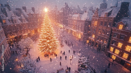 Charming Christmas tree in town center adorned with star, surrounded by snowy houses and joyful people celebrating. Warm light illuminates festive scene, vintage oil painting style with soft brush.
