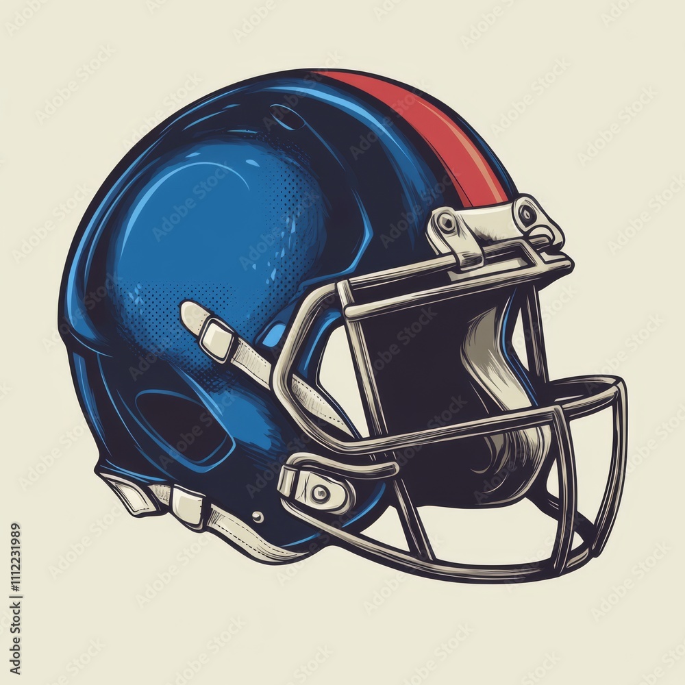 Fototapeta premium Blue football helmet with red stripe, vintage style illustration.