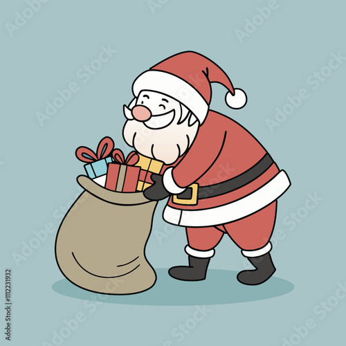 Set of Santa Claus in different styles. Christmas character set, Santa with gift bag, cute Marry Christmas Santa 