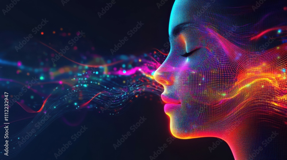 Exploring the technology of AI voice deepfake represented through vibrant voice waves and abstract facial features in a digital landscape Exploring the technology of AI voice deepfake represented through vibrant voice waves and abstract facial features in a digital landscape