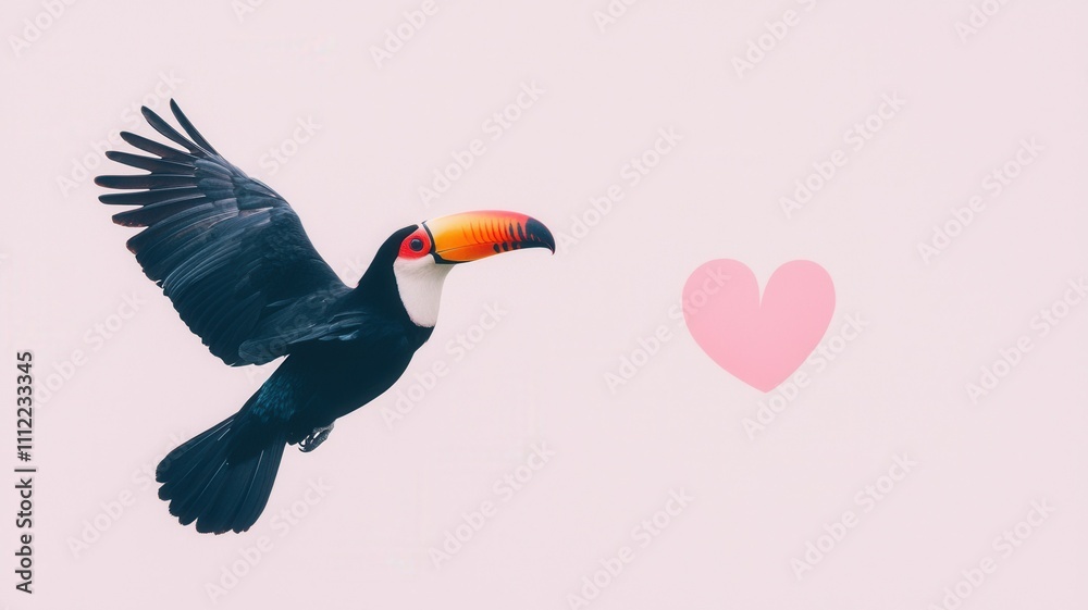 Fototapeta premium Romantic Toucan Bird Flying with Pink Heart Love Wildlife