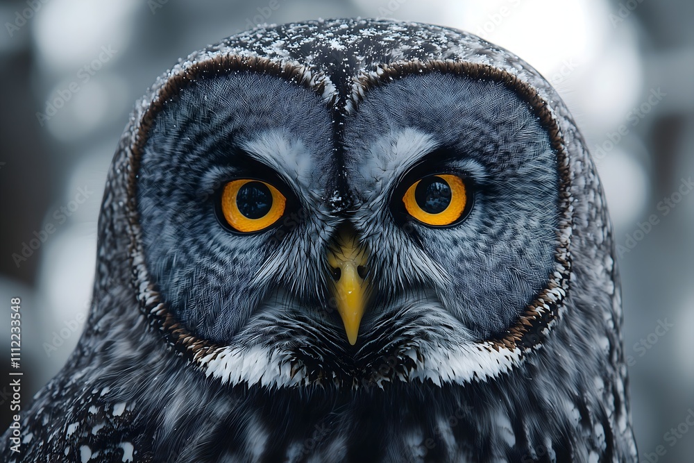 Striking close-up of an owl in a forest setting during twilight, showcasing intense orange eyes Striking close-up of an owl in a forest setting during twilight, showcasing intense orange eyes