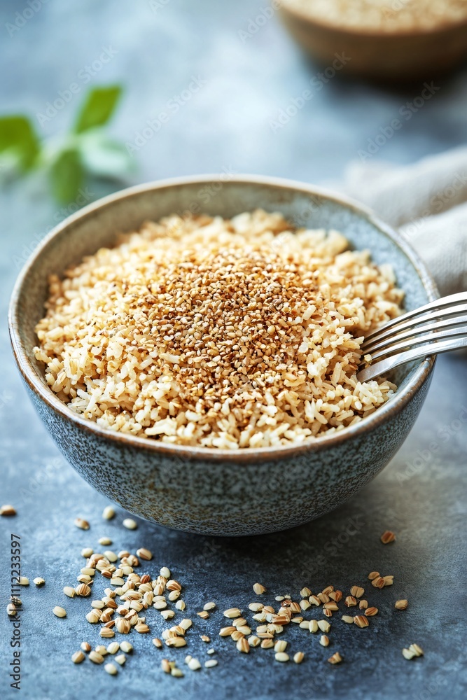 A bowl of cooked grains topped with sesame seeds, showcasing a healthy meal option. A bowl of cooked grains topped with sesame seeds, showcasing a healthy meal option.