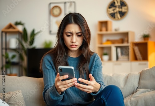 Young beautiful hispanic woman using smartphone with worried expression at home