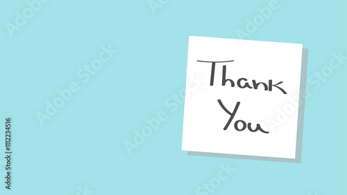 A white card with handwritten "Thank You" text in black placed at an angle on a solid light blue background.