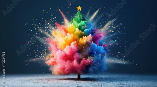 Colorful Christmas tree with exploding clouds of vibrant powder. Abstract festive explosion, blending traditional holiday themes with modern creative expression.