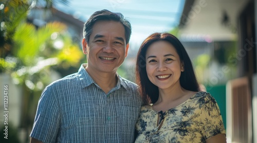 A man and woman in casual attire standing outside smiling residential street background sunny day friendly and relaxed mood