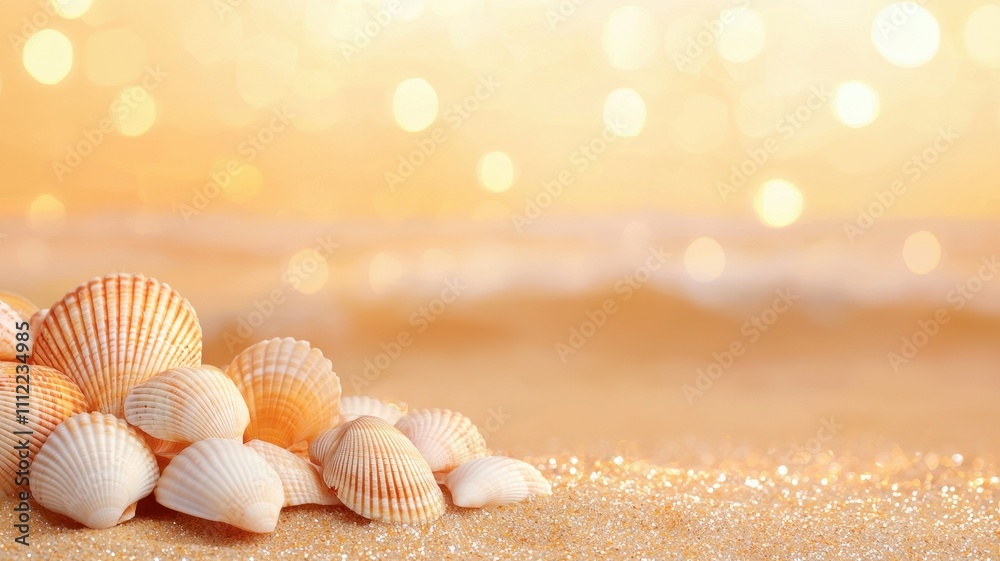 Golden Seashells on Sandy Beach at Sunset Summer Vacation Background Golden Seashells on Sandy Beach at Sunset Summer Vacation Background