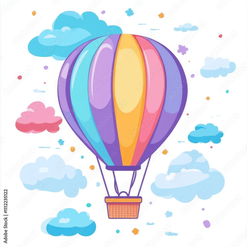 Obraz premium Colorful hot air balloon floating among pastel clouds and stars.