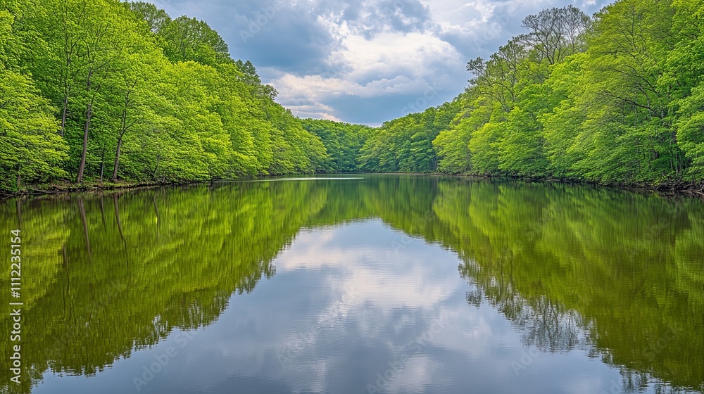 Serene Forest Reflection Symmetry of Nature in Calm Waters, a Minimalist Landscape Photography Serene Forest Reflection Symmetry of Nature in Calm Waters, a Minimalist Landscape Photography