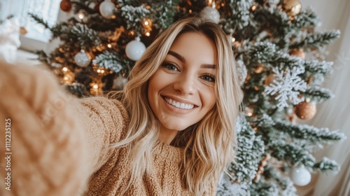 Blonde woman smiling while taking a selfie near a Christmas tree cozy holiday mood soft lighting and warm tones photo