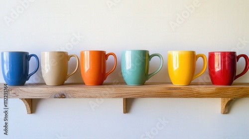 set of colorful coffee mugs neatly arranged on a wooden shelf in a minimalistic kitchen with natural lighting photo