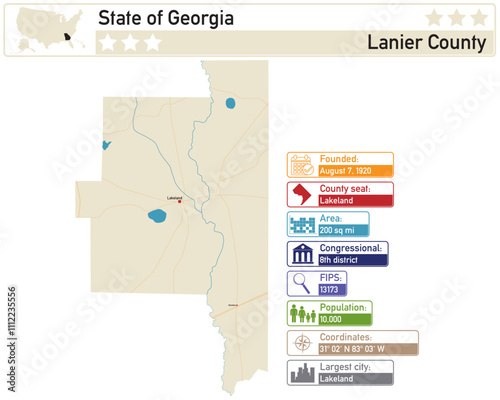 Detailed infographic and map of Lanier County in Georgia USA.