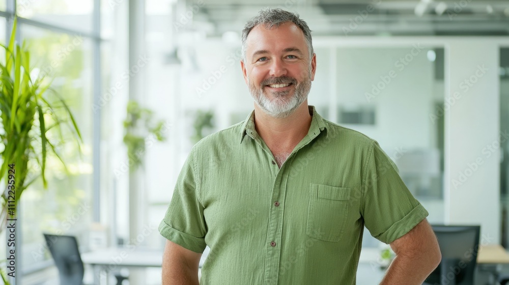 Smiling man wearing a green shirt posing in a modern office with glass walls natural daylight confident and approachable demeanor Smiling man wearing a green shirt posing in a modern office with glass walls natural daylight confident and approachable demeanor