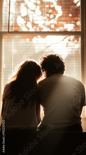 A couple shares a quiet moment by a sunlit window, basking in the warm glow, AI