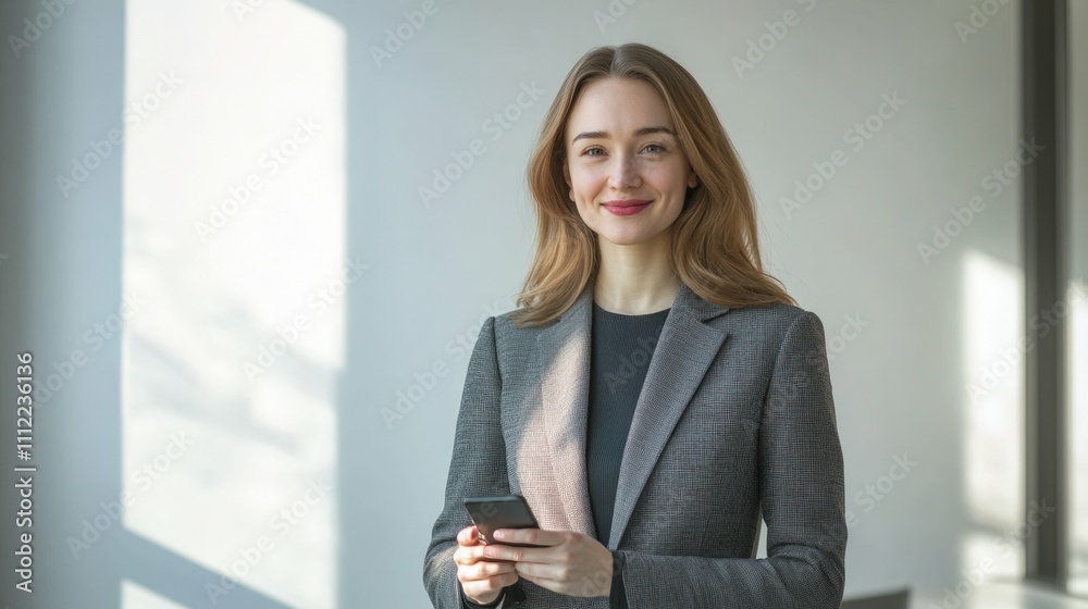 Confident woman in a formal grey suit holding a smartphone smiling in a bright and minimalistic office natural daylight professional and elegant Confident woman in a formal grey suit holding a smartphone smiling in a bright and minimalistic office natural daylight professional and elegant