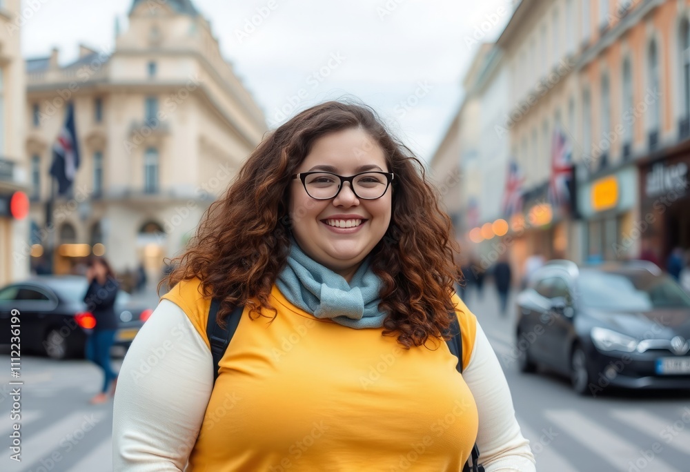 Young irish plus size girl smiling happy standing at the city. Young irish plus size girl smiling happy standing at the city.