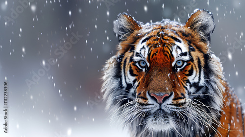 Close-up portrait of a tiger in the snow.