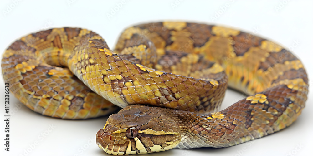 A coiled brown and yellow patterned snake against a white background. A coiled brown and yellow patterned snake against a white background.