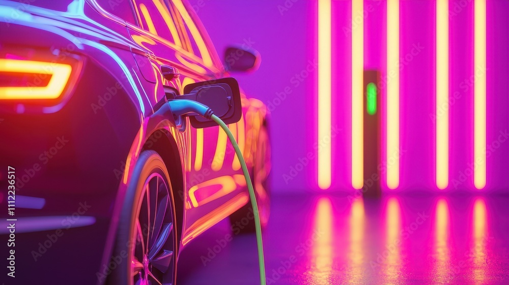 Electric Car Charging Station Neon Lights Urban Clean Energy Electric Car Charging Station Neon Lights Urban Clean Energy