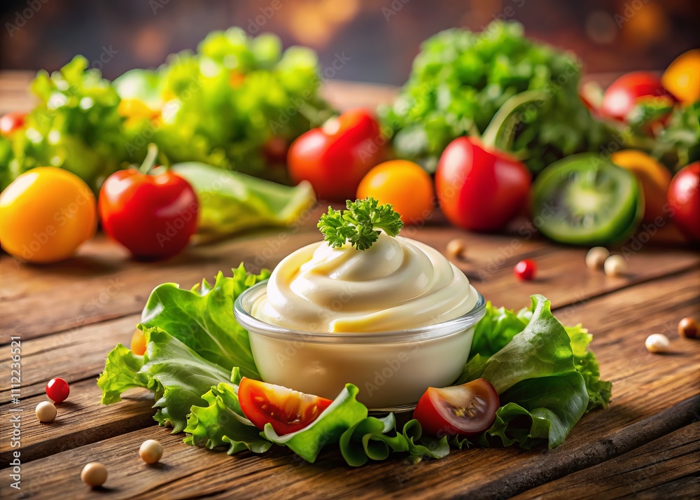Creamy White Mayonnaise Sauce with Fresh Vegetables and Crisp Lettuce on a Rustic Wooden Table - A Macro Photography Delight for Food Lovers Creamy White Mayonnaise Sauce with Fresh Vegetables and Crisp Lettuce on a Rustic Wooden Table - A Macro Photography Delight for Food Lovers