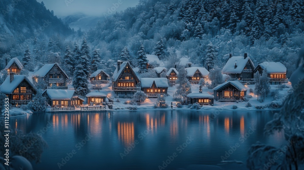 Fototapeta premium Serene Winter Village Amidst Snow-Capped Pines at Dusk with Warm Lights Reflecting on the Tranquil Lake Surface in an Enchanting Holiday Atmosphere