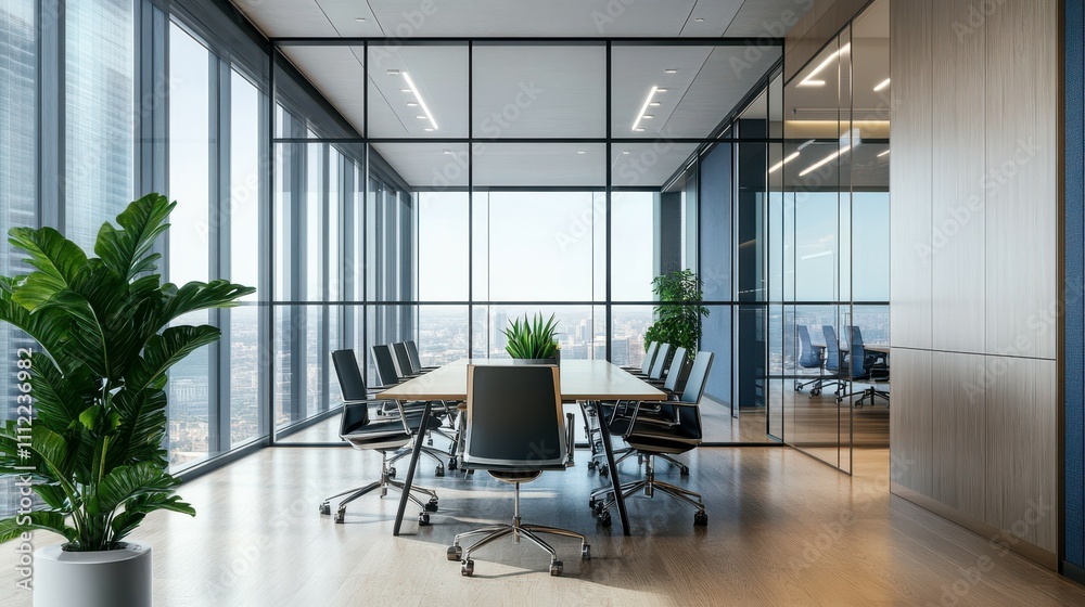 Glass office interior with meeting table and coworking zone, panoramic window Glass office interior with meeting table and coworking zone, panoramic window