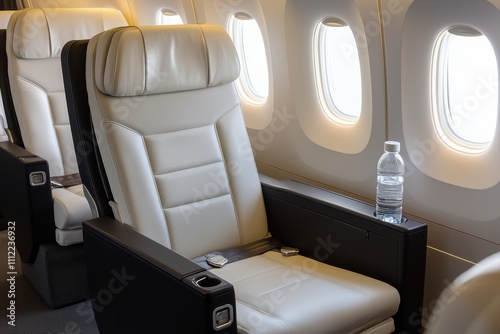 Airline amenities and service relaxation, A spacious airplane seat beside a window, featuring a sleek design and a water bottle, inviting comfort for travelers.