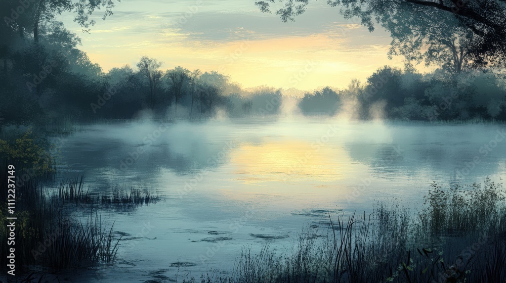 Fototapeta premium Serene Sunrise over Misty Lake