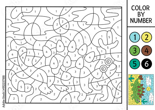 Vector dinosaur color by number activity with brontosaurus in the desert. Prehistoric landscape scene. Black and white counting game with ancient animal. Coloring page, mosaic painting for kids