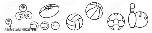 Set of different balls. Sports equipment.Set of flat objects, icons of sports equipment for recreation and leisure.
