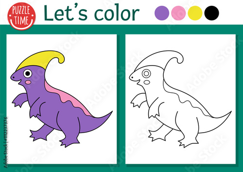 Dinosaur coloring page for children with Parasaurolophus. Vector prehistoric outline illustration. Simple color book for kids with colored example. Drawing skills printable worksheet