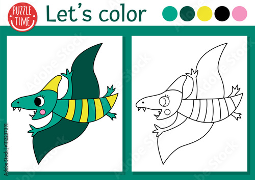 Dinosaur coloring page for children with pterodactyl. Vector prehistoric outline illustration. Simple color book for kids with colored example. Drawing skills printable worksheet with pterosaur
