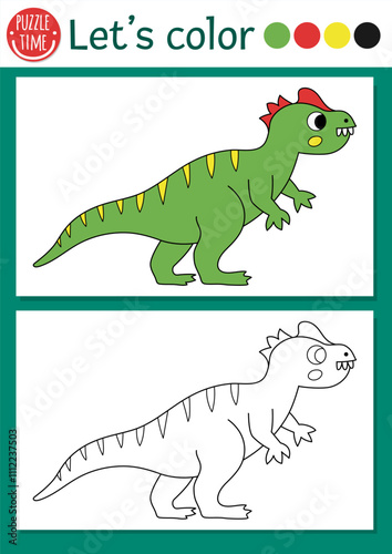 Dinosaur coloring page for children with allosaurus. Vector prehistoric outline illustration. Simple color book for kids with colored example. Drawing skills printable worksheet with allosaur