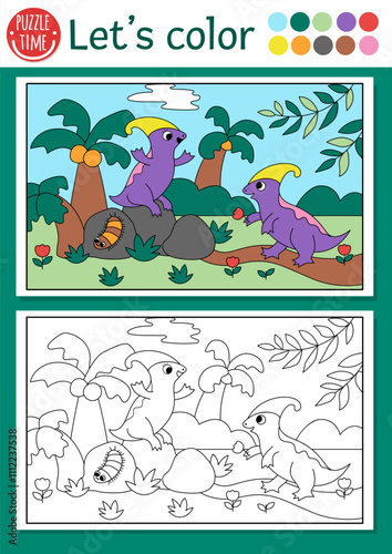 Dinosaur coloring page for children with Parasaurolophus couple. Vector outline illustration with prehistoric landscape. Color book for kids with colored example. Drawing printable worksheet