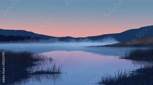 Serene Dawn Over Misty Lake