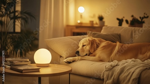 golden retriever lying on a beige sofa in a cozy living room with a modern lamp and books on a table warm ambient lighting