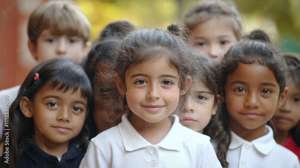 Group of diverse primary school children standing together and looking at the camera Group of diverse primary school children standing together and looking at the camera