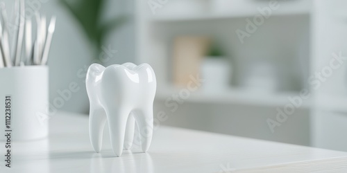 A cute white tooth model placed on a clean desk in a dental office setting. photo