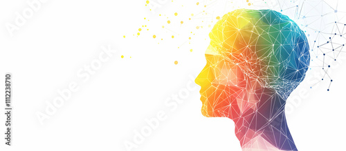 Abstract vector human head with a colorful polygonal brain and dots, an AI technology concept background on a white banner