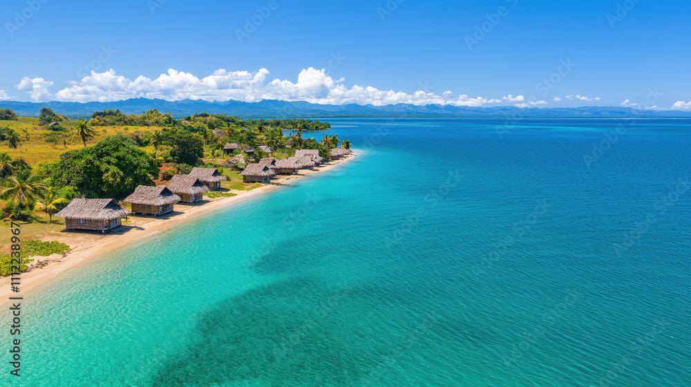 Fototapeta premium Pacific Ocean. A serene coastal scene featuring clear turquoise waters, sandy beaches, and lush greenery, complemented by charming huts along the shoreline under a bright blue sky.