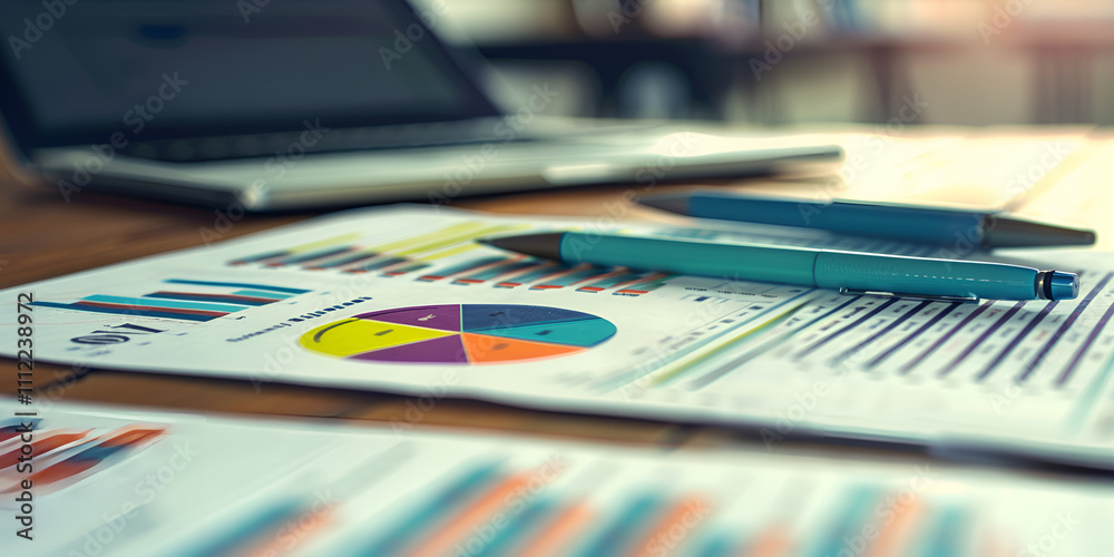 Business charts on a desk with pens and a laptop in the background.