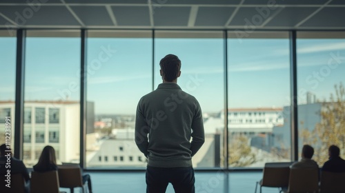 Presenter standing in front of an audience in a corporate meeting spacious modern office natural light from large windows professional casual attire